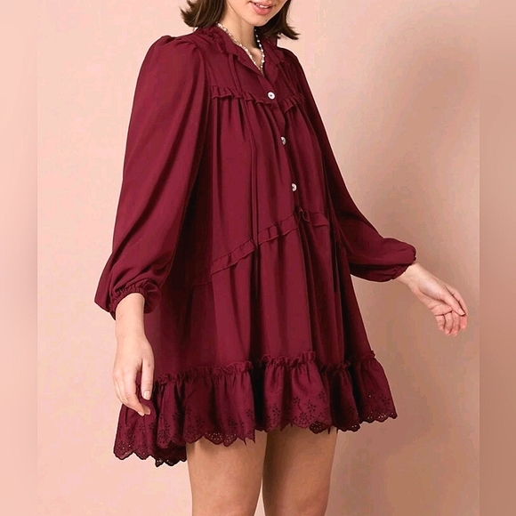 New Boho Eyelet Lace Trim Flowy Smock Dress Burgundy Red - Picture 3 of 10